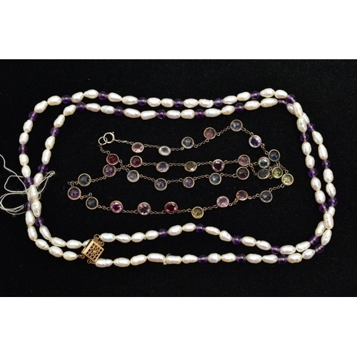 55 - MULTI GEMSTONE SET RIVIERE NECKLACE AND A CULTURED PEARL NECKALCE, featuring various circular cut ge... 