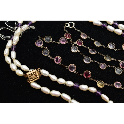 55 - MULTI GEMSTONE SET RIVIERE NECKLACE AND A CULTURED PEARL NECKALCE, featuring various circular cut ge... 