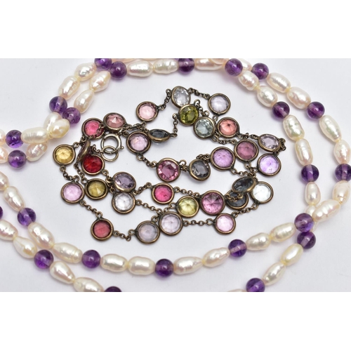 55 - MULTI GEMSTONE SET RIVIERE NECKLACE AND A CULTURED PEARL NECKALCE, featuring various circular cut ge... 