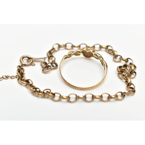 57 - A 9CT GOLD RING AND A BRACELET, the ring designed with a polished heart to the centre, twisted shoul... 