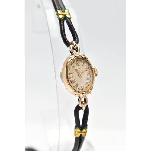 61 - A LADIES 'LONGINES' WRISTWATCH, manual wind, champagne dial signed 'Longines', Arabic numerals, gold... 