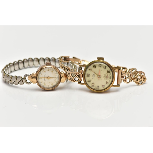 65 - A 9CT GOLD WRIST WATCH AND ROLLED GOLD WRIST WATCH, the first a hand wound movement, round dial sign... 