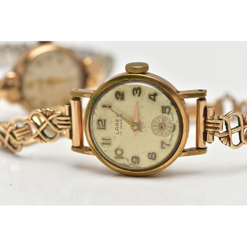 65 - A 9CT GOLD WRIST WATCH AND ROLLED GOLD WRIST WATCH, the first a hand wound movement, round dial sign... 