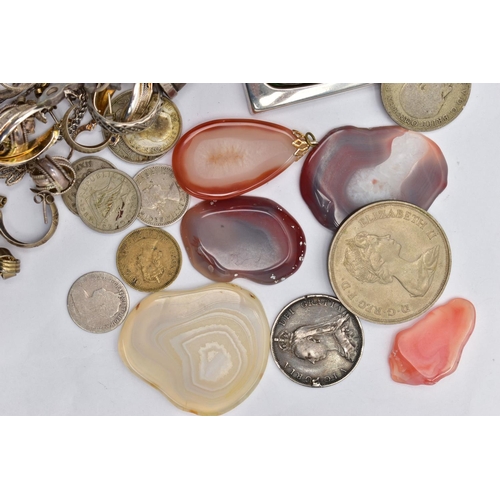 69 - A BOX OF ASSORTED JEWELLERY, COINS AND OTHER ITEMS, to include a silver AF thimble hallmarked Birmin... 