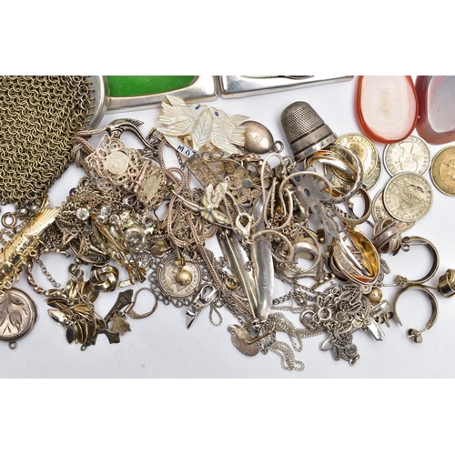 69 - A BOX OF ASSORTED JEWELLERY, COINS AND OTHER ITEMS, to include a silver AF thimble hallmarked Birmin... 