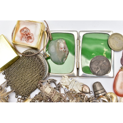 69 - A BOX OF ASSORTED JEWELLERY, COINS AND OTHER ITEMS, to include a silver AF thimble hallmarked Birmin... 