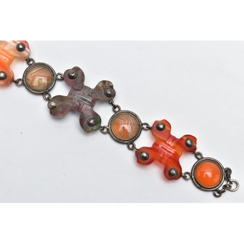 7 - A SCOTTISH AGATE BRACELET, designed with three carved cross banded agates, interspaced with linked c... 