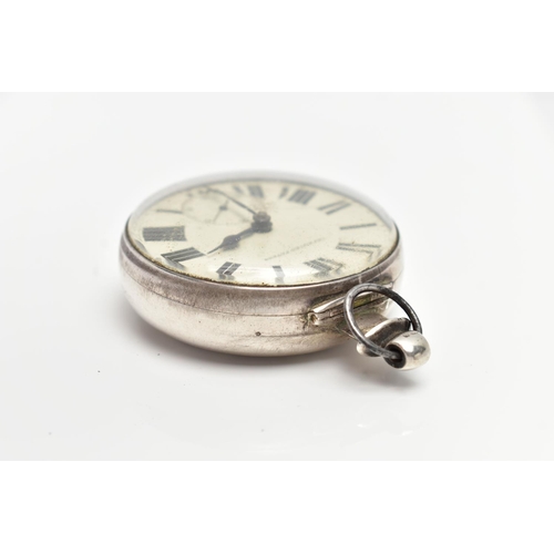 70 - A SILVER OPEN FACE POCKET WATCH, key wound, round white ceramic dial signed 'Improved Patent', large... 