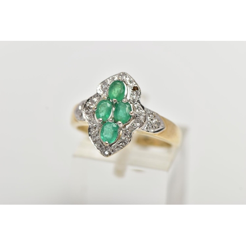 71 - A 9CT YELLOW GOLD, EMERALD AND DIAMOND DRESS RING, of a marquise form, centrally set with four, claw... 