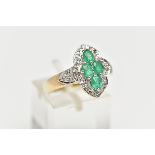 71 - A 9CT YELLOW GOLD, EMERALD AND DIAMOND DRESS RING, of a marquise form, centrally set with four, claw... 