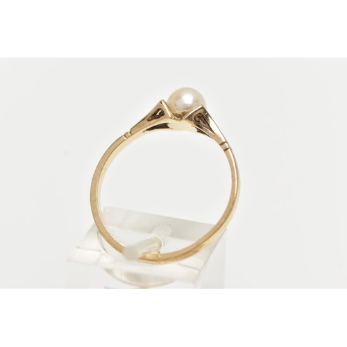 72 - A 9CT YELLOW GOLD CULTURED PEARL RING, centering on a single tension set, cultured white pearl with ... 