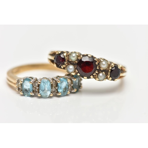 78 - TWO 9CT GOLD GEM SET RINGS, the first a garnet and seed pearl ring, prong set in yellow gold, scroll... 