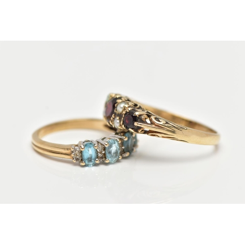 78 - TWO 9CT GOLD GEM SET RINGS, the first a garnet and seed pearl ring, prong set in yellow gold, scroll... 