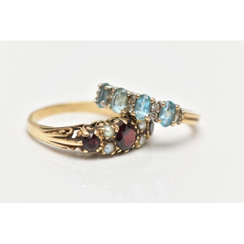 78 - TWO 9CT GOLD GEM SET RINGS, the first a garnet and seed pearl ring, prong set in yellow gold, scroll... 