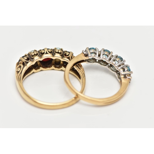 78 - TWO 9CT GOLD GEM SET RINGS, the first a garnet and seed pearl ring, prong set in yellow gold, scroll... 