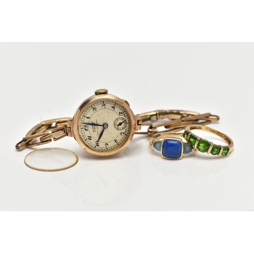 81 - TWO GEM SET RINGS AND 9CT GOLD WRIST WATCH, the first a 9ct gold ring, semi bezel set with five grad... 