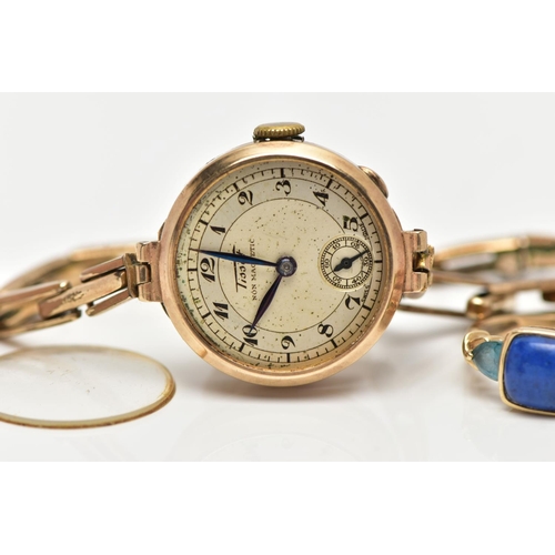 81 - TWO GEM SET RINGS AND 9CT GOLD WRIST WATCH, the first a 9ct gold ring, semi bezel set with five grad... 