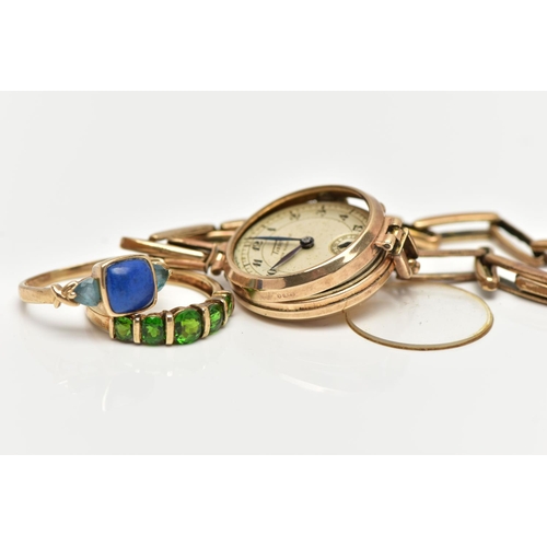 81 - TWO GEM SET RINGS AND 9CT GOLD WRIST WATCH, the first a 9ct gold ring, semi bezel set with five grad... 