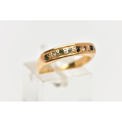 82 - A GEM SET RING, yellow metal band ring grain set with three single cut diamonds, two sapphires and t... 