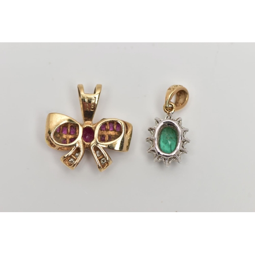 88 - TWO GEM SET PENDANTS, the first a 9ct yellow gold bow pendant, centrally set with an oval cut ruby a... 