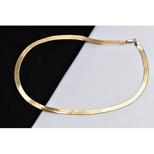 9 - A 9CT GOLD NECKLACE, a yellow gold herringbone chain necklace with a chamfered edge detail, approxim... 