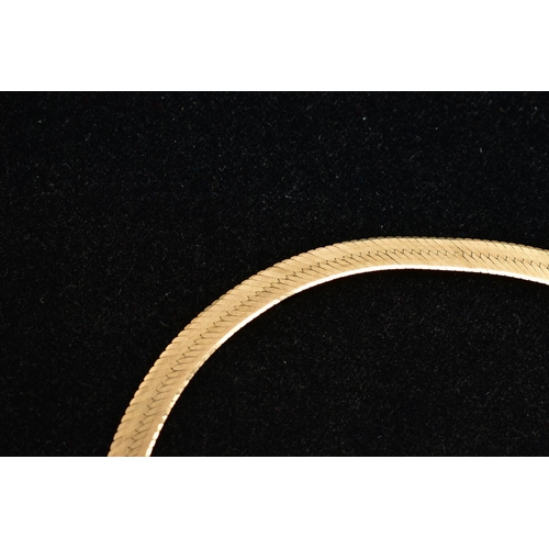 9 - A 9CT GOLD NECKLACE, a yellow gold herringbone chain necklace with a chamfered edge detail, approxim... 