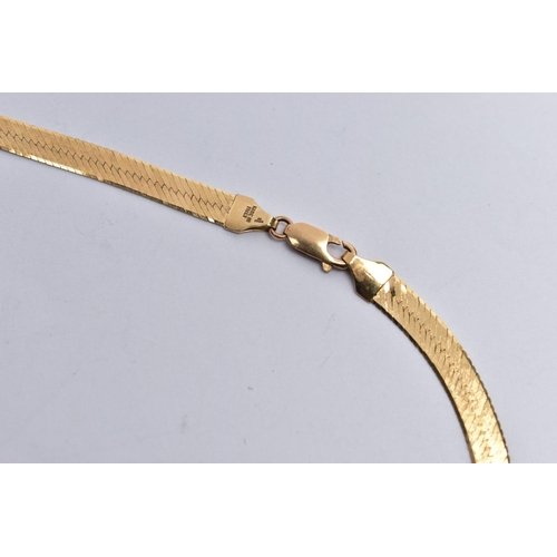 9 - A 9CT GOLD NECKLACE, a yellow gold herringbone chain necklace with a chamfered edge detail, approxim... 