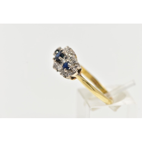 97 - A SAPPHIRE AND DIAMOND RING, three circular cut blue sapphires, set with a surround of single cut di... 