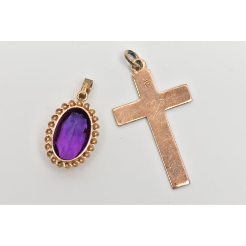 99 - A 9CT GOLD AMETHYST PENDANT AND YELLOW METAL PENDANT, an oval cut amethyst, collect set in yellow go... 