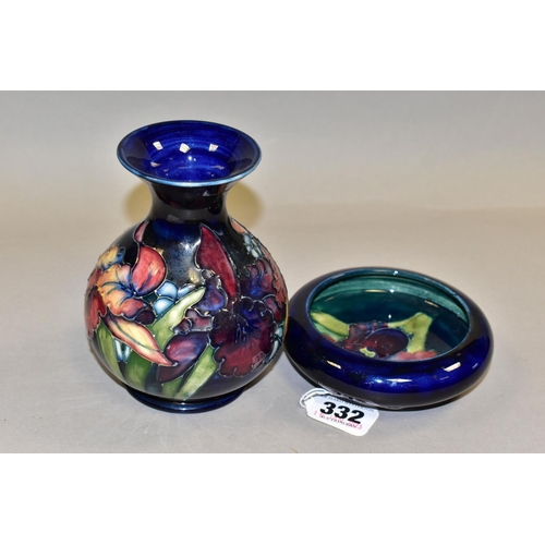 332 - A MOORCROFT POTTERY 'ORCHID' PATTERN VASE AND BOWL, each tube lined with purple and pale yellow orch... 