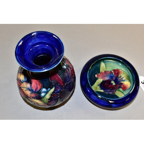 332 - A MOORCROFT POTTERY 'ORCHID' PATTERN VASE AND BOWL, each tube lined with purple and pale yellow orch... 