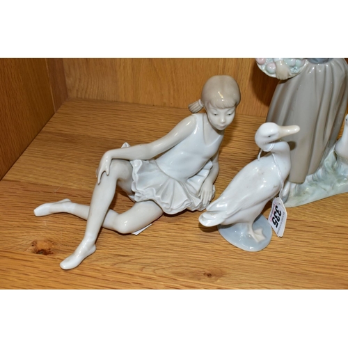 335 - THREE FIGURINES INCLUDING NAO, AND A LLADRO DUCK, comprising Nao 'Reclining Ballerina' and 'Girl Fee... 