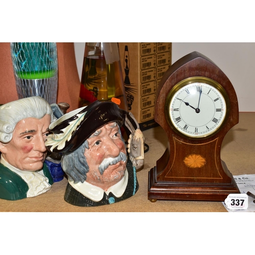 337 - A GROUP OF CHARACTER JUGS AND TABLE LAMPS, to include an Edwardian keyhole shaped mantle clock with ... 