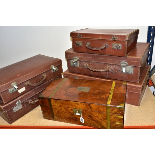 339 - A COLLECTION OF FIVE BROWN VINTAGE SUITCASES AND A WOODEN WRITING SLOPE, comprising five 1950's brow... 