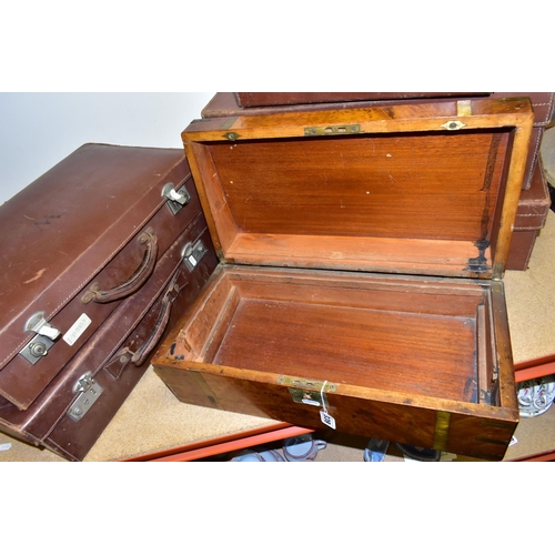 339 - A COLLECTION OF FIVE BROWN VINTAGE SUITCASES AND A WOODEN WRITING SLOPE, comprising five 1950's brow... 