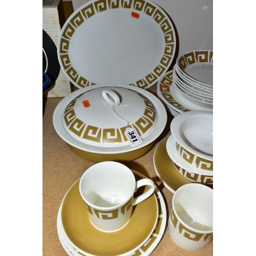 341 - A WEDGWOOD SUSIE COOPER DESIGN 'OLD GOLD KEYSTONE' PATTERN DINNER SET, comprising one large meat pla... 