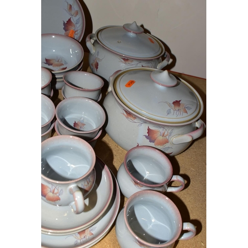 342 - A DENBY 'TWILIGHT' PATTERN DINNER SET, comprising one meat plate, two circular covered tureens, six ... 