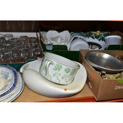 344 - SIX BOXES OF CERAMICS AND ASSORTED KITCHEN WARE, to include a Hornsea Concept cup and saucer, a vint... 