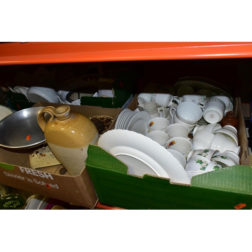 344 - SIX BOXES OF CERAMICS AND ASSORTED KITCHEN WARE, to include a Hornsea Concept cup and saucer, a vint... 