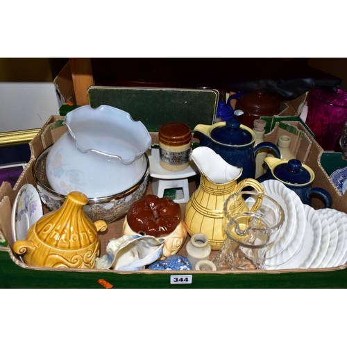 344 - SIX BOXES OF CERAMICS AND ASSORTED KITCHEN WARE, to include a Hornsea Concept cup and saucer, a vint... 