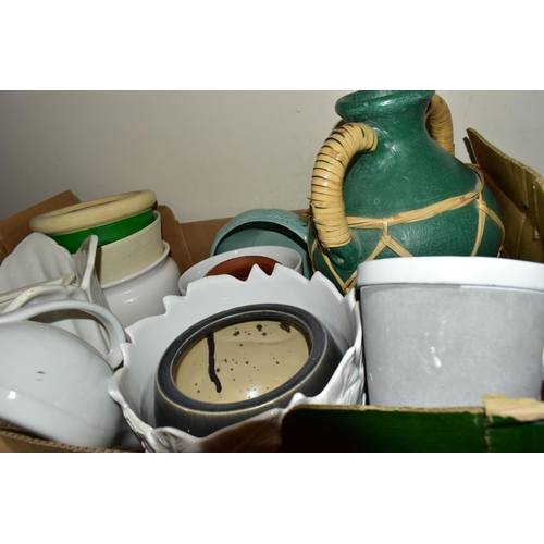 344 - SIX BOXES OF CERAMICS AND ASSORTED KITCHEN WARE, to include a Hornsea Concept cup and saucer, a vint... 