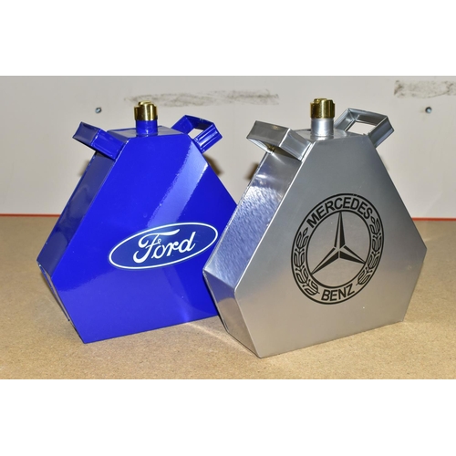 349 - TWO REPRODUCTION VEHICLE OIL CANS, comprising a blue painted  Ford  oil can and a silver painted Mer... 