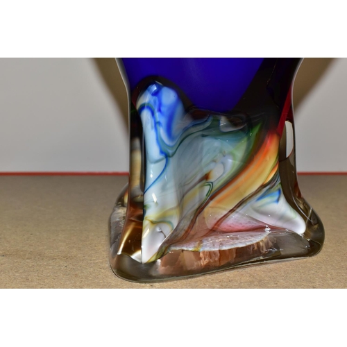 350 - A LARGE COLOURED ART GLASS CENTERPIECE VASE,  multicoloured, flowing glass vase, height 32cm (1) (Co... 