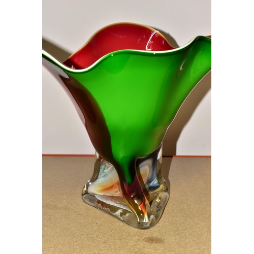 350 - A LARGE COLOURED ART GLASS CENTERPIECE VASE,  multicoloured, flowing glass vase, height 32cm (1) (Co... 