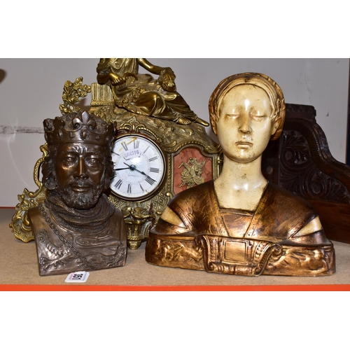 351 - A GROUP OF THREE BUSTS AND A BRASS MANTLE CLOCK, comprising a French Art Deco style plaster bust of ... 