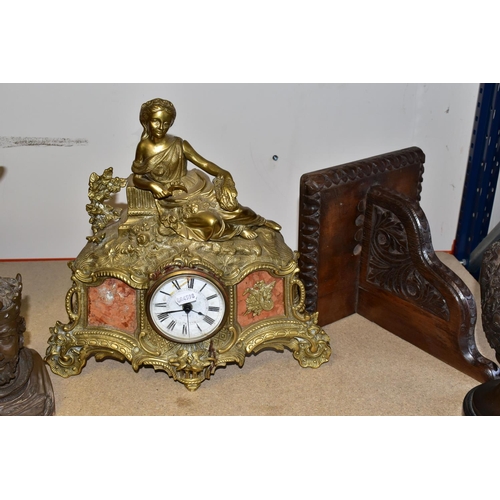 351 - A GROUP OF THREE BUSTS AND A BRASS MANTLE CLOCK, comprising a French Art Deco style plaster bust of ... 