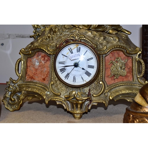 351 - A GROUP OF THREE BUSTS AND A BRASS MANTLE CLOCK, comprising a French Art Deco style plaster bust of ... 