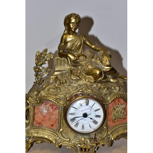 351 - A GROUP OF THREE BUSTS AND A BRASS MANTLE CLOCK, comprising a French Art Deco style plaster bust of ... 