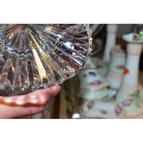 352 - A TUTBURY CRYSTAL SHIP'S DECANTER WITH SIX MATCHING WHISKY TUMBLERS SET ON A WOODEN SERVING TRAY, to... 