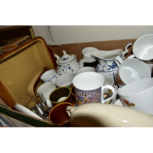 356 - FIVE BOXES OF TEA WARES, ORNAMENTS AND GLASS WARE, to include a Colclough tea set pattern No. 8525, ... 